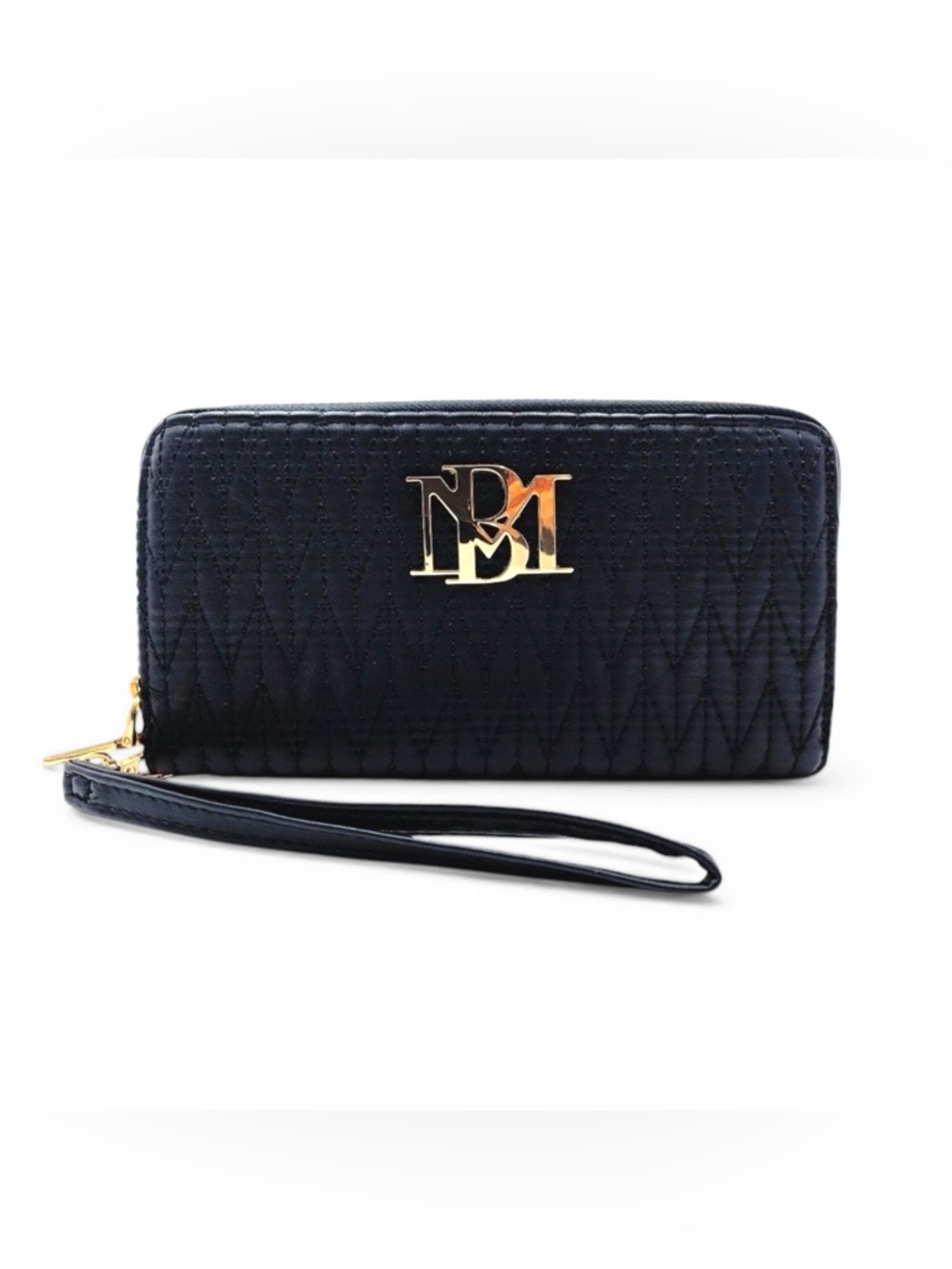 Badgley Mischka Black Quilted Vegan Leather Zip Around Wristlet Wallet Gold Logo